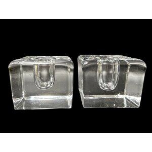 Vintage MCM 2" Clear Glass Cube Modernist Taper Candle Holder Set of 2